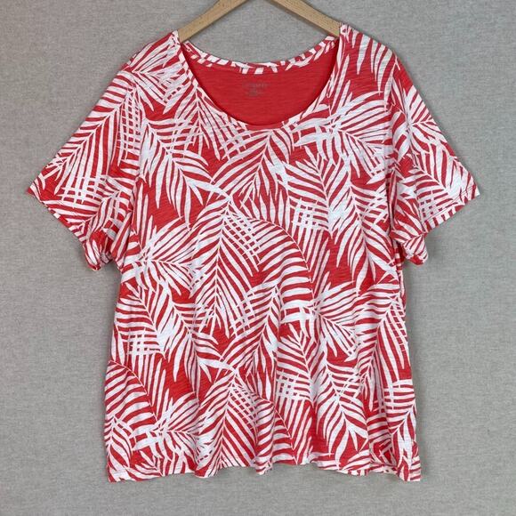Catherines Tops - Catherines Womens Fern Print Short Sleeve Top Size 1X Cotton Casual Summer Coral